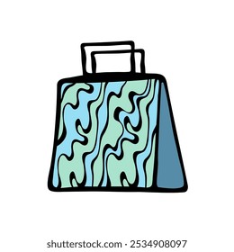 Large blue and green tote bag. Bags for fashion ads, seasonal sales, and store promotions. Sketch illustration. Vector image.