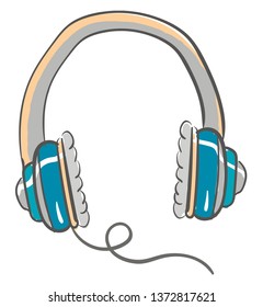 Large blue and grey headphones with cushions on the side with one wire coming out of the right side vector color drawing or illustration 