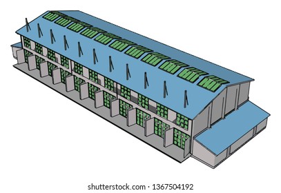 Large blue and grey modern metal barn with open shuts vector illustration on white background