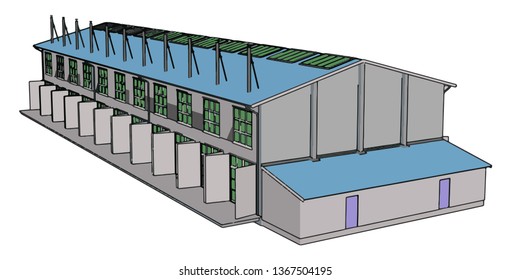 Large blue and grey modern metal barn with open shuts vector illustration on white background