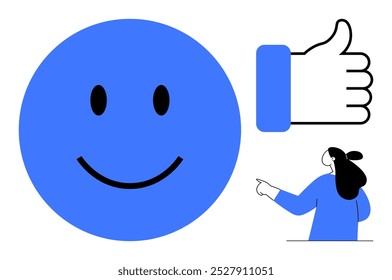 Large blue happy face, black-and-white thumbs up icon, and woman in blue pointing. Ideal for positivity, social media, feedback, happiness, user interaction. Minimalist design style