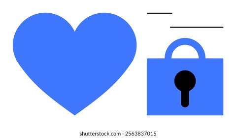 Large blue heart next to a blue padlock with a black keyhole. Simple lines above the padlock. Ideal for themes about love, security, privacy, relationships, and safety. Minimalist design