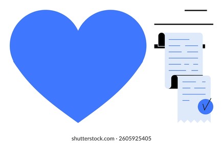 Large blue heart next to two paper receipts with a checkmark. Ideal for themes of love, financial transparency, health, trust, and documentation. Minimalist and modern style