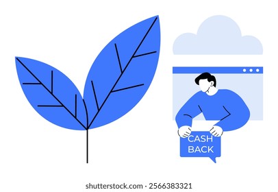 Large blue leaf next to a man holding a cashback sign, situated within a browser window underneath a cloud outline. Ideal for nature, finance, online services, savings, eco-friendly themes