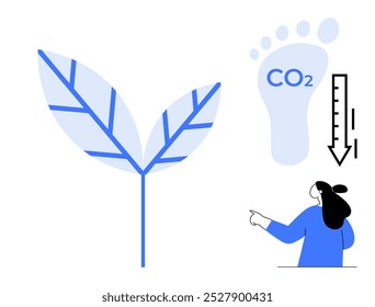 Large blue leaf, a person pointing, a CO2 symbol in a footprint, and a downward arrow with a meter. Ideal for ecology, sustainability, carbon reduction, climate change, green practices. Simplistic