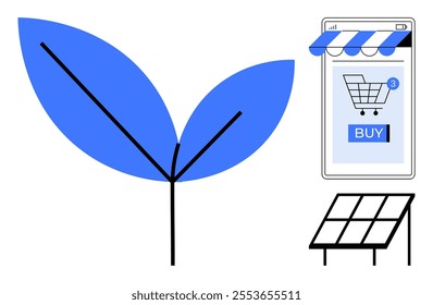 Large blue leaf and seedling on left. Online shopping cart with notification and buy button on top right. Solar panel below shopping cart. Ideal for sustainability, eco-friendly, renewable energy