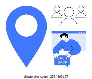 Grande marcador de ubicación azul a la izquierda, tres perfiles de usuario en la parte superior derecha y una persona con un Iniciar sesión de devolución de dinero en efectivo en una ventana del navegador de Web en la parte inferior derecha. Ideal para marketing, compras en línea, usuario