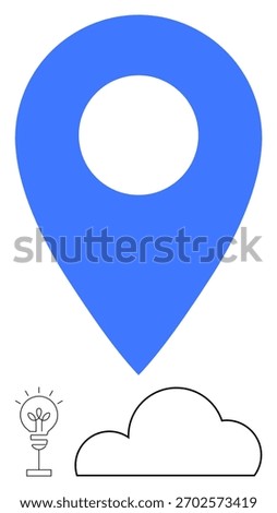 Large blue location marker symbol with black lightbulb and cloud icons below. Ideal for navigation, technology, innovation, cloud computing, geolocation, startups, creativity. Line metaphor