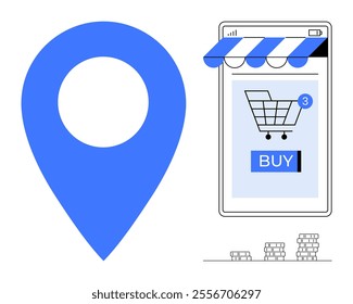 A large blue location pin beside a smartphone screen with a shopping cart icon and a buy button. Three coins appear below. Ideal for e-commerce, mobile purchasing, online shopping, delivery services