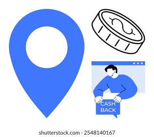 Large blue location pin with a black coin and a person holding a Cash Back sign. Ideal for maps, navigation, finance, e-commerce, rewards, and customer incentives. Simple modern style