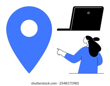 Large blue location pin, black laptop, pointing businesswoman in blue, suggesting navigation, teamwork, remote work, and technology themes. Ideal for presentations, office designs, workflow
