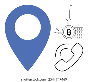 Large blue location pin, cryptocurrency Bitcoin symbol, and a phone icon. Ideal for technology, finance, communication, navigation, and cryptocurrency themes. Simple modern style