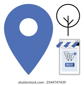 Large blue location pin, a simplified tree symbol, and a smartphone with a shopping cart and buy button. Ideal for online shopping, navigation apps, location services, minimalistic design