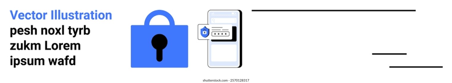 Large blue lock beside a smartphone showing a password entry screen with lines of text. Ideal for security, mobile authentication, data protection, privacy, and technology. Banner for landing page