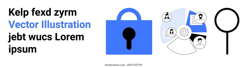 Grande cerradura azul en el centro, lupa y perfiles de usuario conectados con engranajes. Ideal para ciberseguridad, protección de datos, políticas de privacidad, seguridad de red, cursos de seguridad digital, seguro