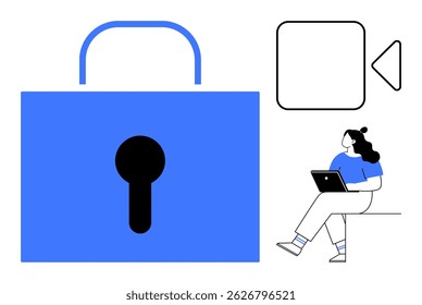 Large blue locked padlock, woman in blue shirt using laptop, and video icon with triangle. Ideal for online privacy, cybersecurity, data protection, digital media, remote work, online education