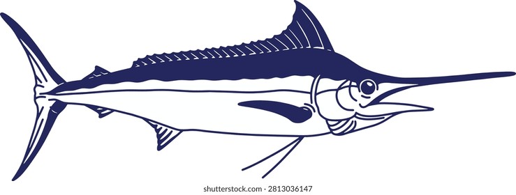 Large Blue Marlin seen in profile for a marine-themed design; a silhouette illustration with outlines	