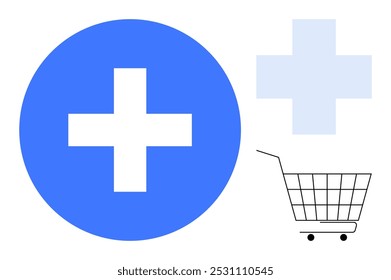 Large blue medical cross within a circle, smaller light blue cross, and black shopping cart icon. Ideal for health services, online pharmacies, medical supplies, e-commerce, and healthcare promotion