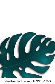 Large blue monstera leaf on a white background. Creative template for your design. Vector illustration