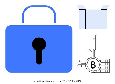 Grande cadeado azul, uma caixa e um símbolo Bitcoin transmitem segurança, tecnologia blockchain e proteção criptomoeda. Ideal para tecnologia, finanças, ativos digitais, segurança de blockchain, proteção de informações