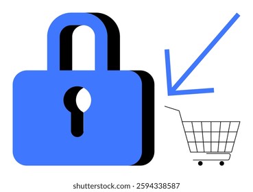 Large blue padlock symbol with a keyhole beside a shopping cart and downward arrow. Ideal for online shopping security, digital purchases, e-commerce safety, internet protection, consumer trust