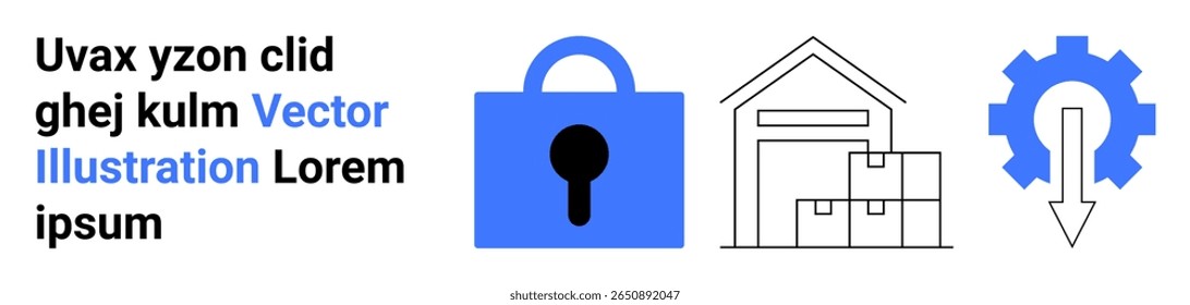Large blue padlock, warehouse with boxes, and gear with downward arrow symbolize security, storage, and optimization. Ideal for supply chain management, inventory control, digital security, logistics