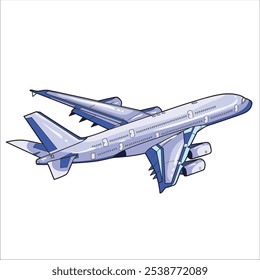 Large blue passenger plane flies in the sky, isolated object on white background, vector illustration, eps