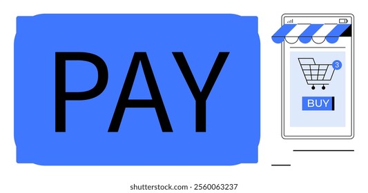 Large blue pay button next to a smartphone with a shopping cart and buy button. Ideal for online shopping, e-commerce, digital payments, mobile commerce, and user interface design. Simple modern