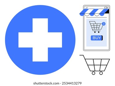 Grande letrero azul plus, Carrito de compras digital en el teléfono, Botón de compra azul, carrito de compras vacío Ideal para compras en línea, atención médica, comercio electrónico, farmacia, temas de bienestar digital. Vector minimalista