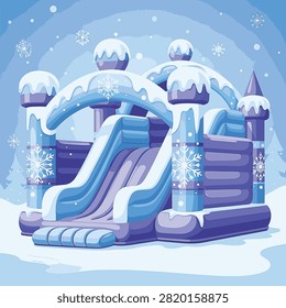 Large blue and purple inflatable winter bounce house with slide featuring snowflake graphics, snow-covered roof peaks, and a snowy background with falling snow and pine trees.