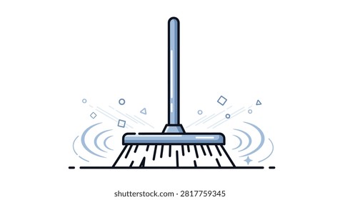 Large blue push broom sweeps the floor with motion lines and sparkles around it to indicate a thorough and clean cleaning process.