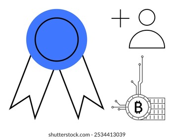 Grande cinta azul, ícono de adición de usuario y símbolo de Bitcoin conectado a circuitos digitales. Ideal para el reconocimiento de los logros de la Identificación en línea de criptomonedas y premios tecnológicos financieros