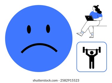 Large blue sad face emotion with two smaller illustrations woman working on laptop and weightlifter. Ideal for mental health, work-life balance, fitness motivation, stress management, emotional