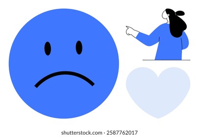 Large blue sad face, woman with long hair in blue pointing right, and light blue heart. Ideal for mental health, emotional expression, mood representation, awareness campaigns, and educational