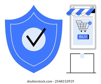 Grande escudo azul com marca de seleção ao lado do smartphone exibindo carrinho de compras e botão de compra. Ideal para compras on-line, segurança cibernética, e-commerce, autenticação e temas de confiança digital. Limpo