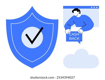Grande icono de escudo azul con una marca de verificación y una persona que sostiene un signo de devolución de dinero. Ideal para la seguridad financiera, el pago en línea, las políticas de reembolso, la satisfacción del Cliente y las transacciones digitales