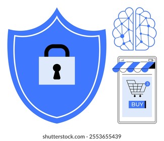 Large blue shield with lock, neural network and smartphone with shopping app. Ideal for Cybersecurity, E-commerce, AI technology, Data protection, Online shopping security. Simple vector style