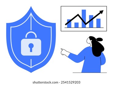 Large blue shield with lock symbol for security. Chart with rising trend indicated by arrow and bars. Woman in blue pointing towards chart. Ideal for security, business growth, analytics, data
