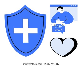 Large blue shield with a white cross, a person offering cashback through a website window, and a heart icon. Ideal for healthcare, insurance, financial incentives, online services, customer support