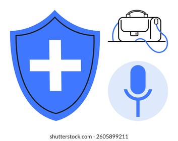 Large blue shield with a white cross, a briefcase with a wire, and a blue microphone. Ideal for healthcare, security, business, communication, technology, media, and education themes. Line metaphor