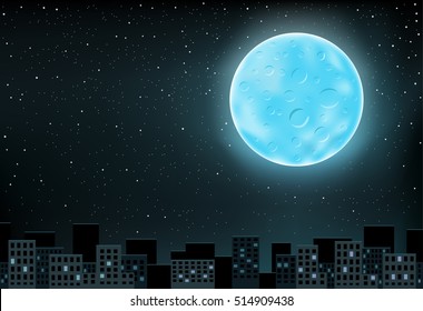 The large blue shining moon over night city on stars background