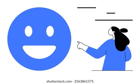 A large blue smiling face on the left and a woman pointing at it on the right with small lines above. Ideal for communication encouragement motivation positivity and expressing emotions. Modern flat