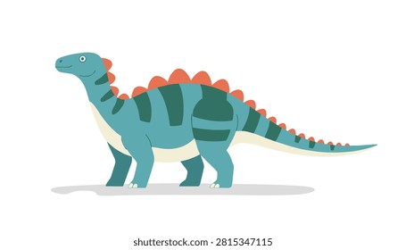 Large blue stegosaurus dinosaur with red plates on its back standing peacefully against a plain white background.