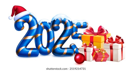 Large blue stylized number 2025 sprinkled with snow on top, with a festive Christmas design reminiscent of a candy cane, with Santa hat and gift boxes, with soft shadow, on a white background.