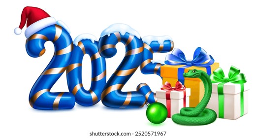 Large blue stylized number 2025 sprinkled with snow on top with a festive Christmas candy cane design, with a green snake, a Santa hat and gift boxes, with soft shadows on a white background.