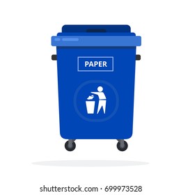 Large blue trash can on wheels for sorting paper vector flat material design isolated on white