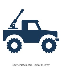 Large blue truck with crane on back and big wheels side view icon