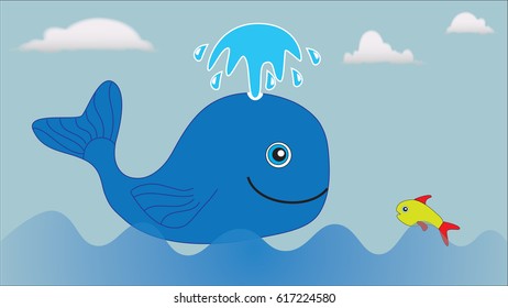 A large blue whale and a small fish swim towards each other in the sea.