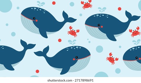 Grandes ballenas azules y Pequeños cangrejos rojos con burbujas de agua sobre un fondo azul claro forman un lindo patrón de vida marina sin fisuras para la decoración del vivero.