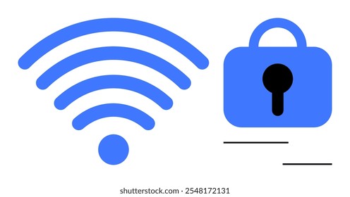 Large blue wireless signal icon next to a blue padlock symbol with a keyhole. Ideal for telecommunications, cybersecurity, internet safety, data protection, and network security themes. Simple vector